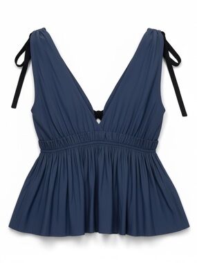 Calvin Rucker Navy Silk-Like Open Back Tie Shoulder Peplum Top Size XS
